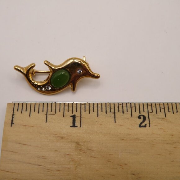 Pan Pacific Jade Dolphin Gold Tone Rhinestone Brooch - Picture 8 of 8